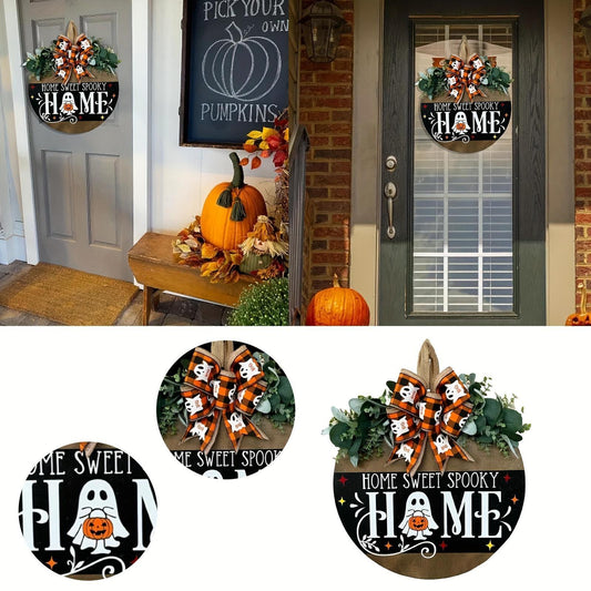 Home Sweet Spooky Halloween & Thanksgiving Wooden Hanging Sign with Ghost and Pumpkin Design - Perfect for Outdoor Decor, No Power Needed, Feather-Free