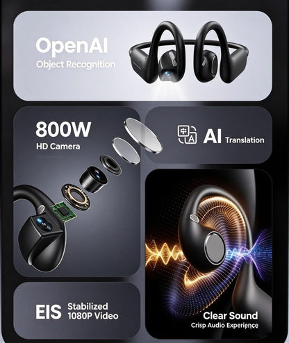 8mp Smart Camera Open-Ear Headset EIS Video, Ai, Ip54 Waterproof (Black) | Open Ear Bluetooth 5.4 Wireless Earphones with AI Translation, Dual Mic, for Running, Cycling and Travel