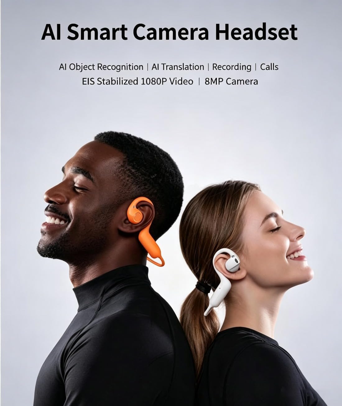 8mp Smart Camera Open-Ear Headset EIS Video, Ai, Ip54 Waterproof (Black) | Open Ear Bluetooth 5.4 Wireless Earphones with AI Translation, Dual Mic, for Running, Cycling and Travel