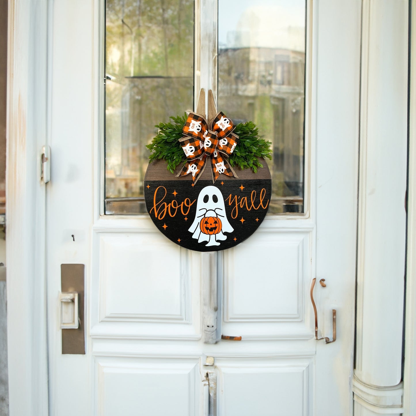 1pc Halloween White Ghost Pumpkin BOO Door Hanging Sign, Halloween Welcome Sign, Festival Atmosphere Decoration, Housewarming Gift Living Room Bathroom Bar Cafe Garden Office Auditorium Wall Décor