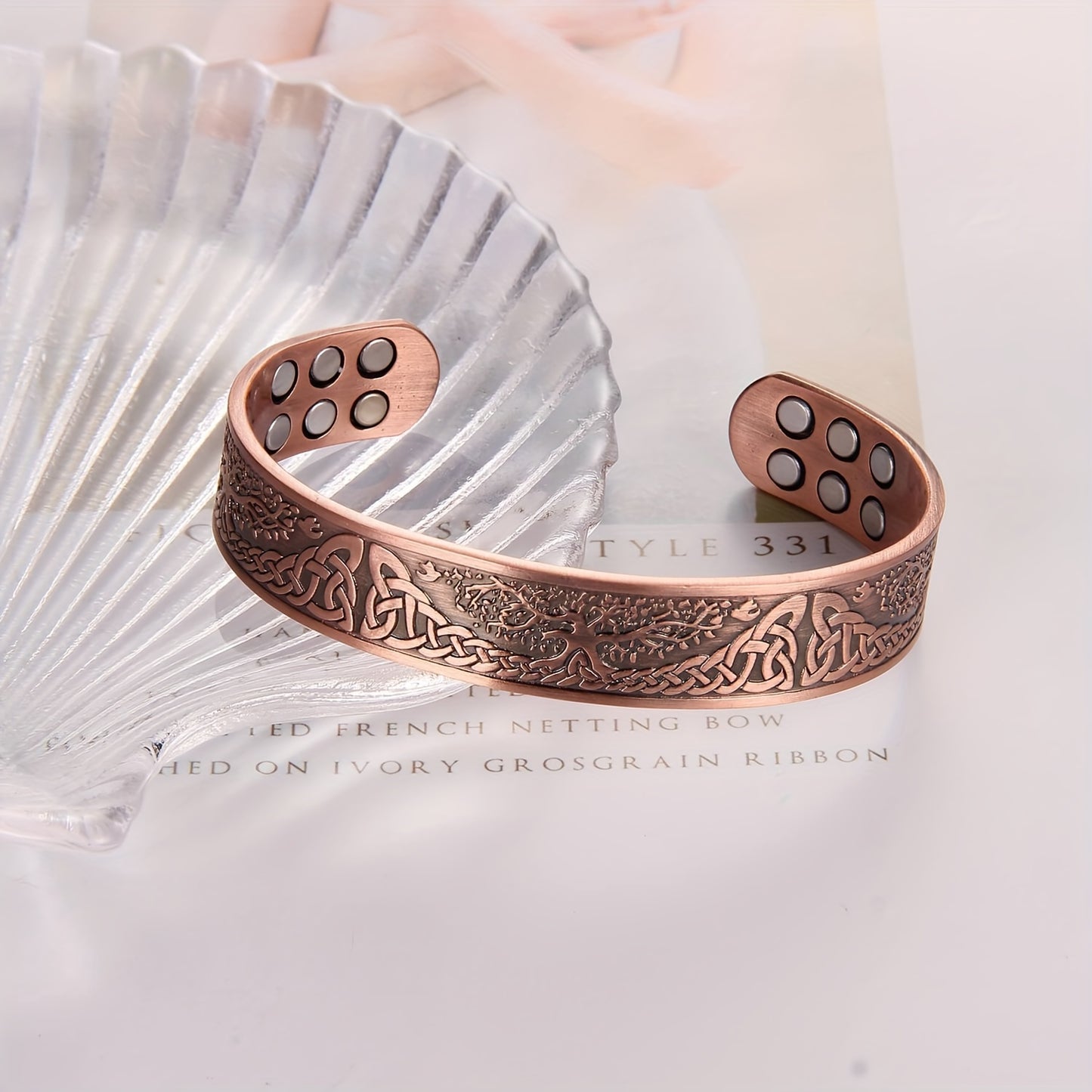 1pc 99.99% Pure Copper Magnetic Bracelet, Life Of The Tree Carving Cuff Bangle With 18 Magnets, Adjustable Size