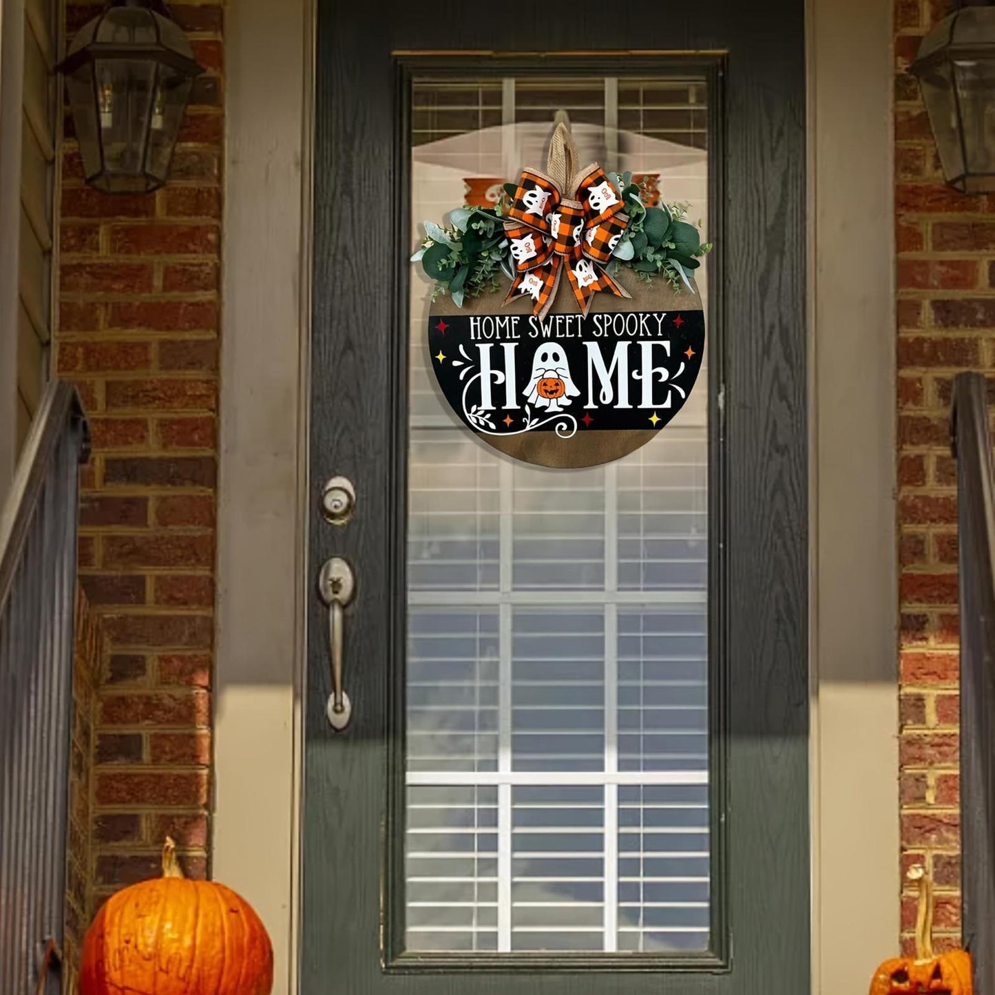 Home Sweet Spooky Halloween & Thanksgiving Wooden Hanging Sign with Ghost and Pumpkin Design - Perfect for Outdoor Decor, No Power Needed, Feather-Free