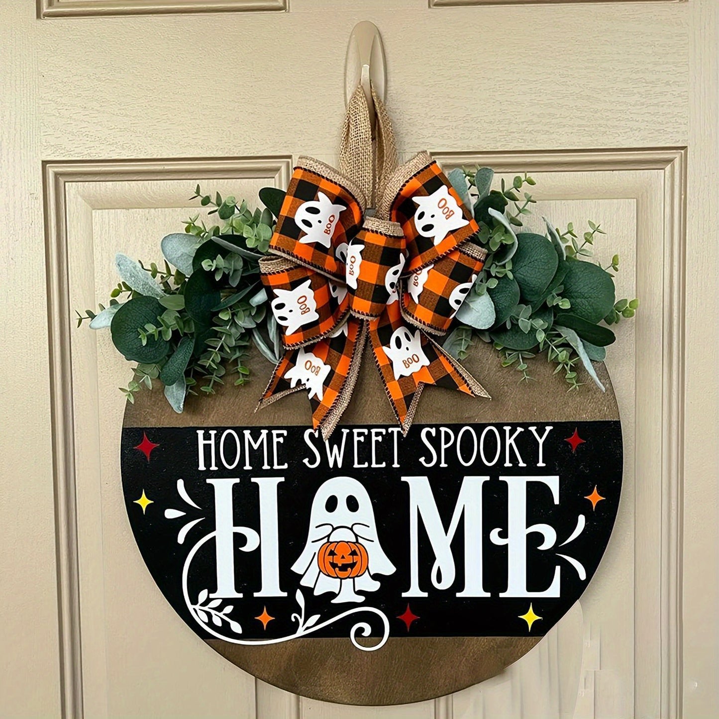 Home Sweet Spooky Halloween & Thanksgiving Wooden Hanging Sign with Ghost and Pumpkin Design - Perfect for Outdoor Decor, No Power Needed, Feather-Free