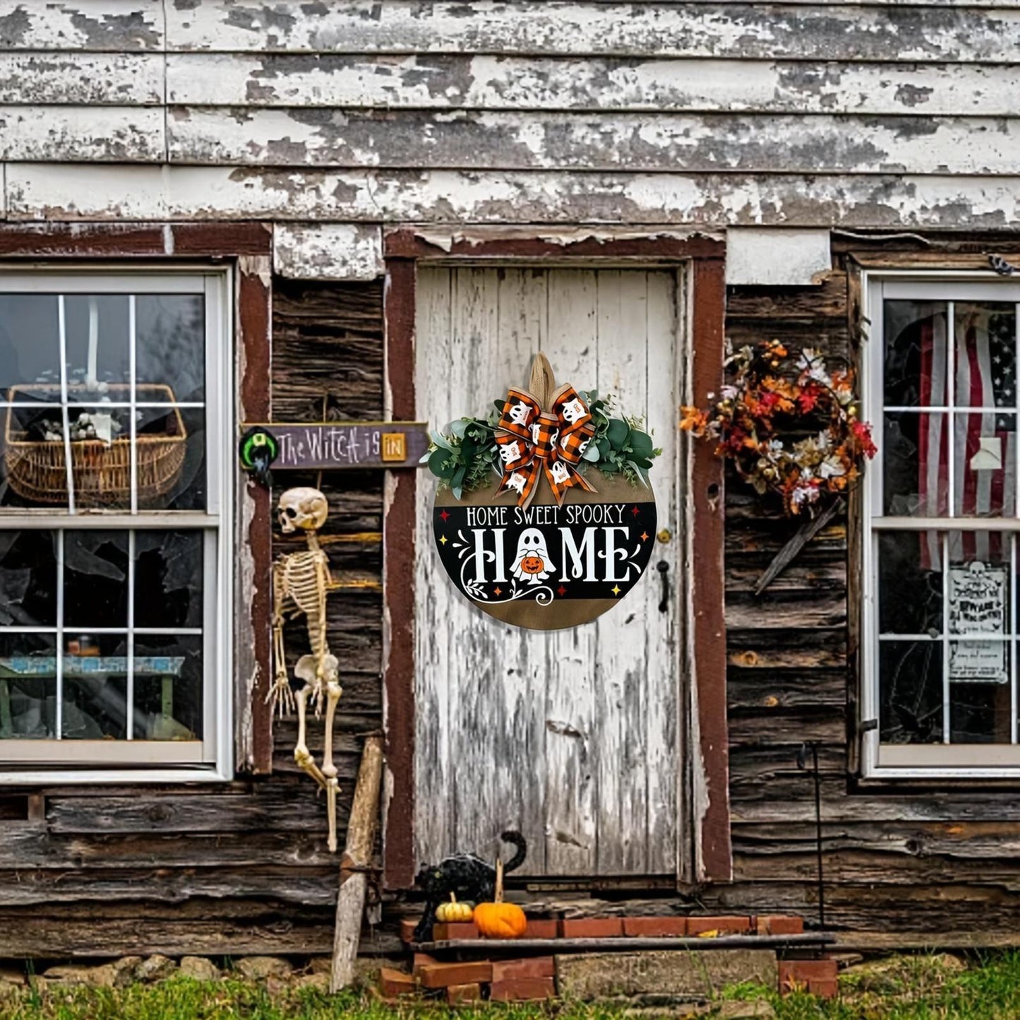 Home Sweet Spooky Halloween & Thanksgiving Wooden Hanging Sign with Ghost and Pumpkin Design - Perfect for Outdoor Decor, No Power Needed, Feather-Free