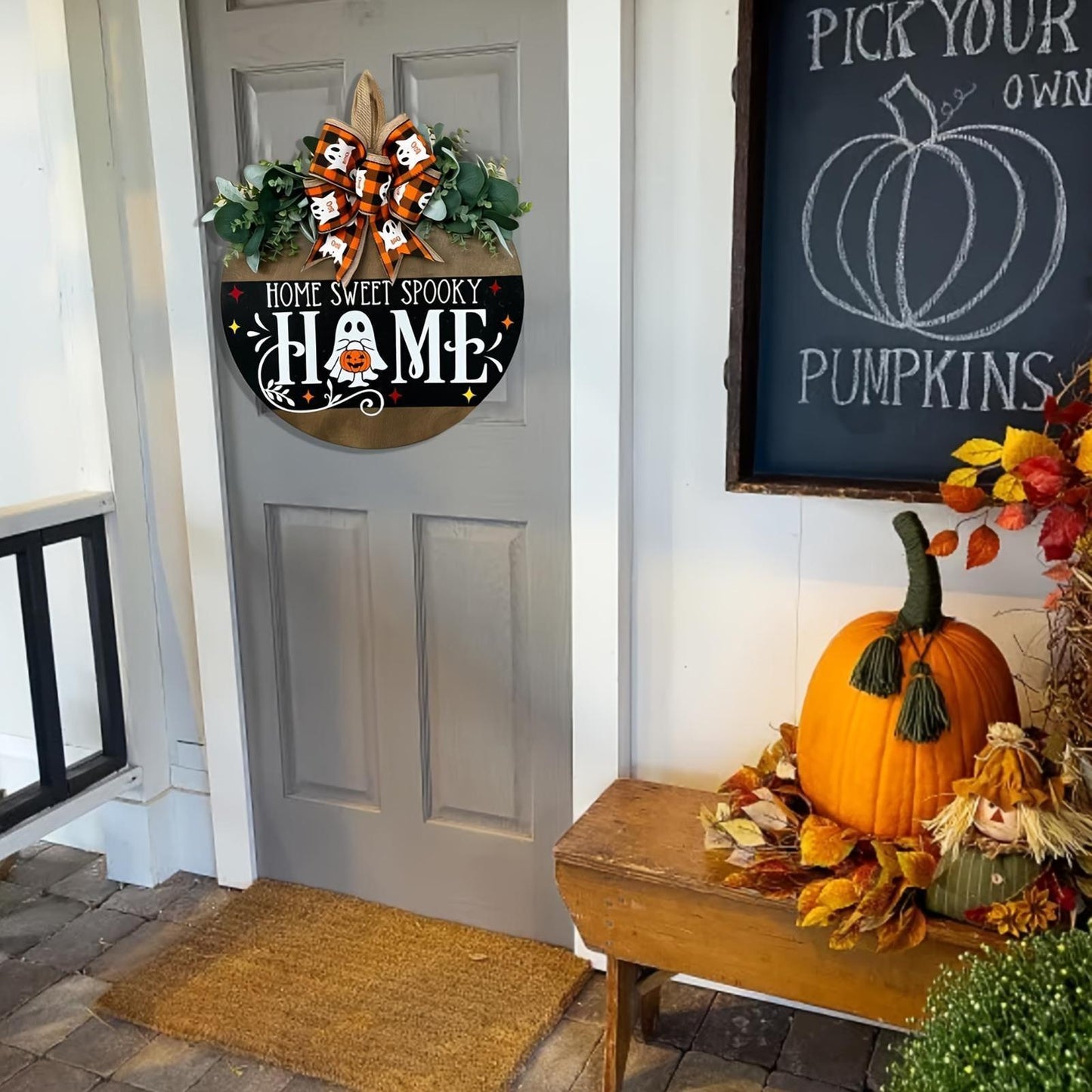 Home Sweet Spooky Halloween & Thanksgiving Wooden Hanging Sign with Ghost and Pumpkin Design - Perfect for Outdoor Decor, No Power Needed, Feather-Free